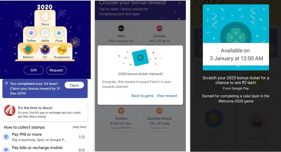 How to get  Google pay 2020 game stamps Toffee,pizza,selfie and disco